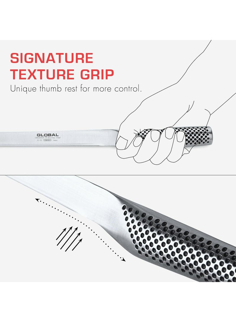 Global Salmon Slicer 31 Cm. Stainless Steel. Ergonomic Dimpled Handles Ensures Safe Grip. Perfectly Balanced. Handcrafted In Japan. - Image 5