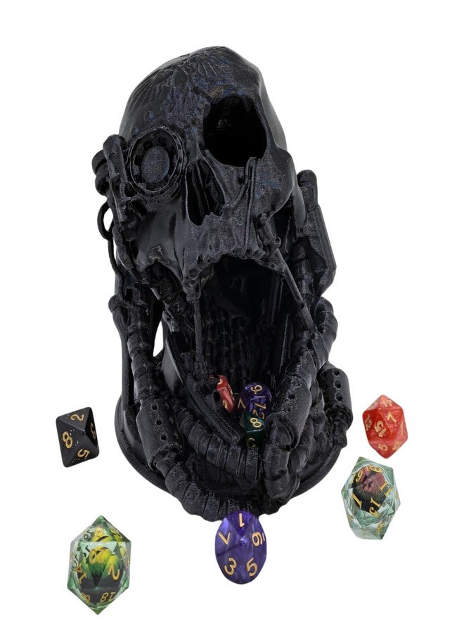 XJPONGC Mechanical Skull Dice Tower Dungeons and Dragons RPG abletop Roleplaying Game Jail D&D (Random 7PCS D20 Dice Set Included) Black - Image 2