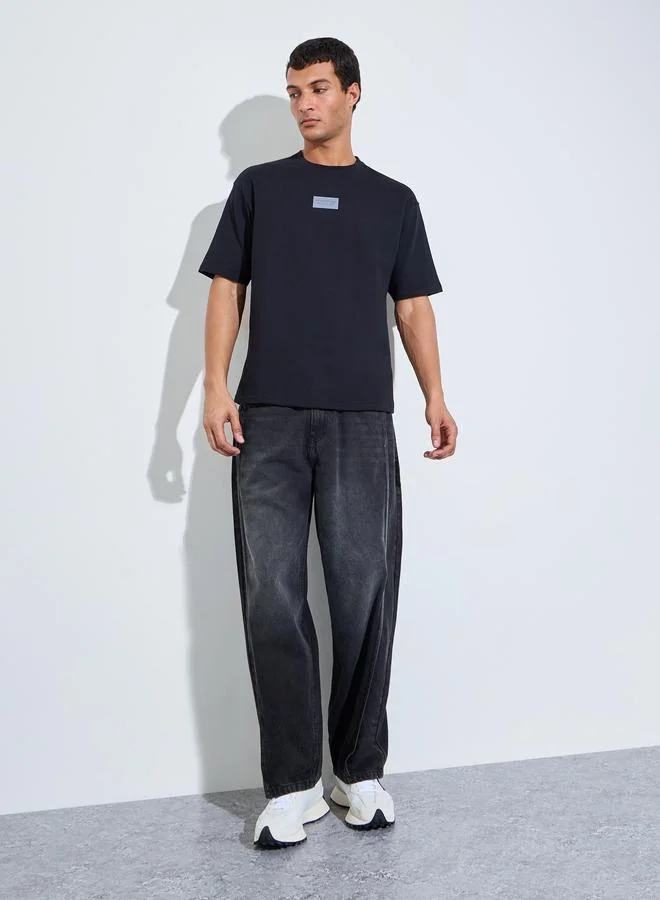 Styli Men Black Oversized Crew Neck Terry T-Shirt