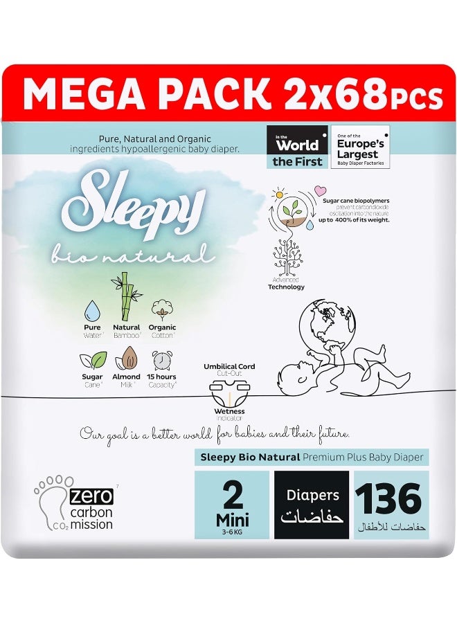Sleepy عبوة من 136 حفاضات طبيعية بحجم 2، حفاضات جافة للأطفال، 3-6 كجم، مضادة للحساسية، تعتمد على الماء، حليب لوز، نباتية، 100% مانعة للتسرب، 2 × 68 قطعة - Image 1