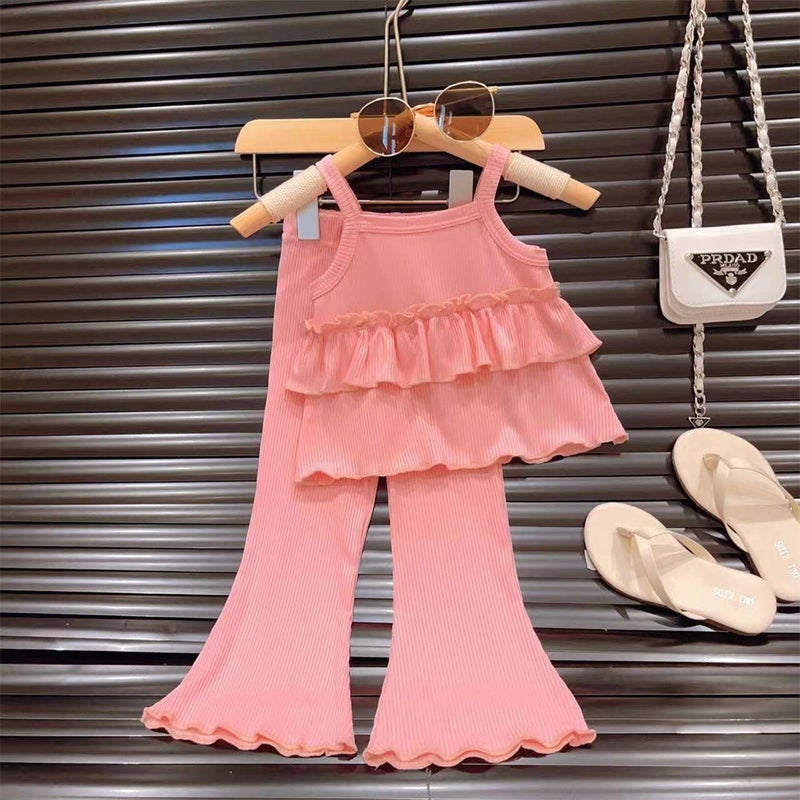 Girls Summer New Arrival Strap suit Thin Girls Ice Silk Strap Skirt Horn Pants Two-Piece Set Stylish pink [suit] 136#