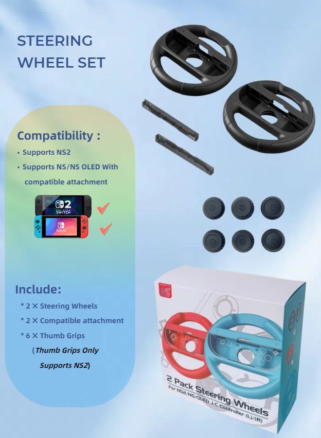 CoolRabbie Steering Wheel for Nintendo Switch 2/1 Joy-Con, Racing Wheel Compatible with NS2/NS/OLED for Mario Kart World 2025, with 6 Pcs Thumb Grip Caps for Joy-Con 2 Controllers - Image 2