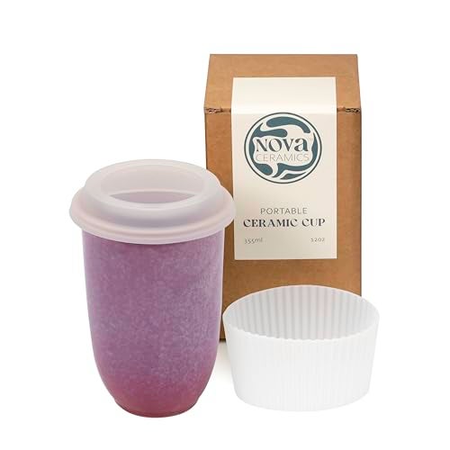 NOVA CERAMICS Coffee Travel Mug – Cup Holder Friendly Travel Mug– Microwave & Dishwasher Safe White & Purple Tumbler - Coffee Mug Fits In Cup Holder – 12oz – Astral Bloom - Image 1