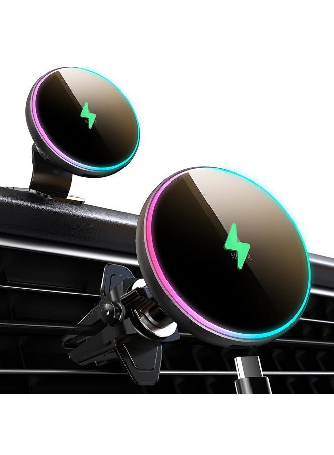 MOKPR for Magsafe Car Mount Charger-15W Wireless Car Charger-Magnetic Car Phone Holder for Dash Air Vent-LED RGB HandsFree Car Mount Fast Car Charger for iPhone 14/13/12 Series - Image 1