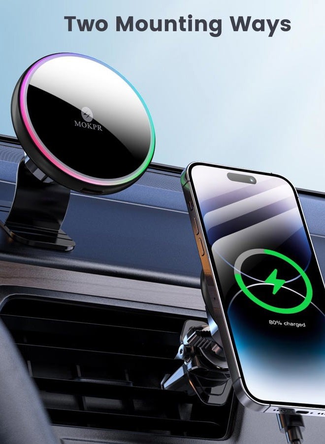MOKPR for Magsafe Car Mount Charger-15W Wireless Car Charger-Magnetic Car Phone Holder for Dash Air Vent-LED RGB HandsFree Car Mount Fast Car Charger for iPhone 14/13/12 Series - Image 2