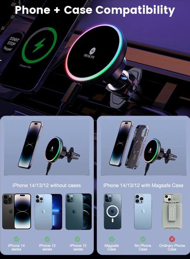 MOKPR for Magsafe Car Mount Charger-15W Wireless Car Charger-Magnetic Car Phone Holder for Dash Air Vent-LED RGB HandsFree Car Mount Fast Car Charger for iPhone 14/13/12 Series - Image 3