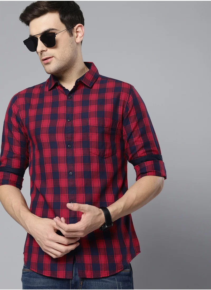 دينيس لينغو Men's Slim Fit Red and Blue Casual Cotton Spread Shirt