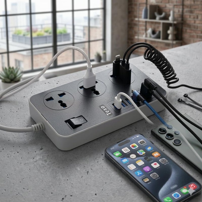 Teso 2M Heavy Duty Power Extension Cord - 3 Universal Sockets & 6 Fast USB Charging Ports - Black - Image 3