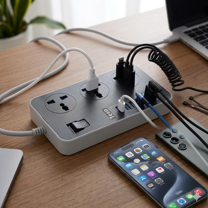 Teso 2M Heavy Duty Power Extension Cord - 3 Universal Sockets & 6 Fast USB Charging Ports - Black - Image 2
