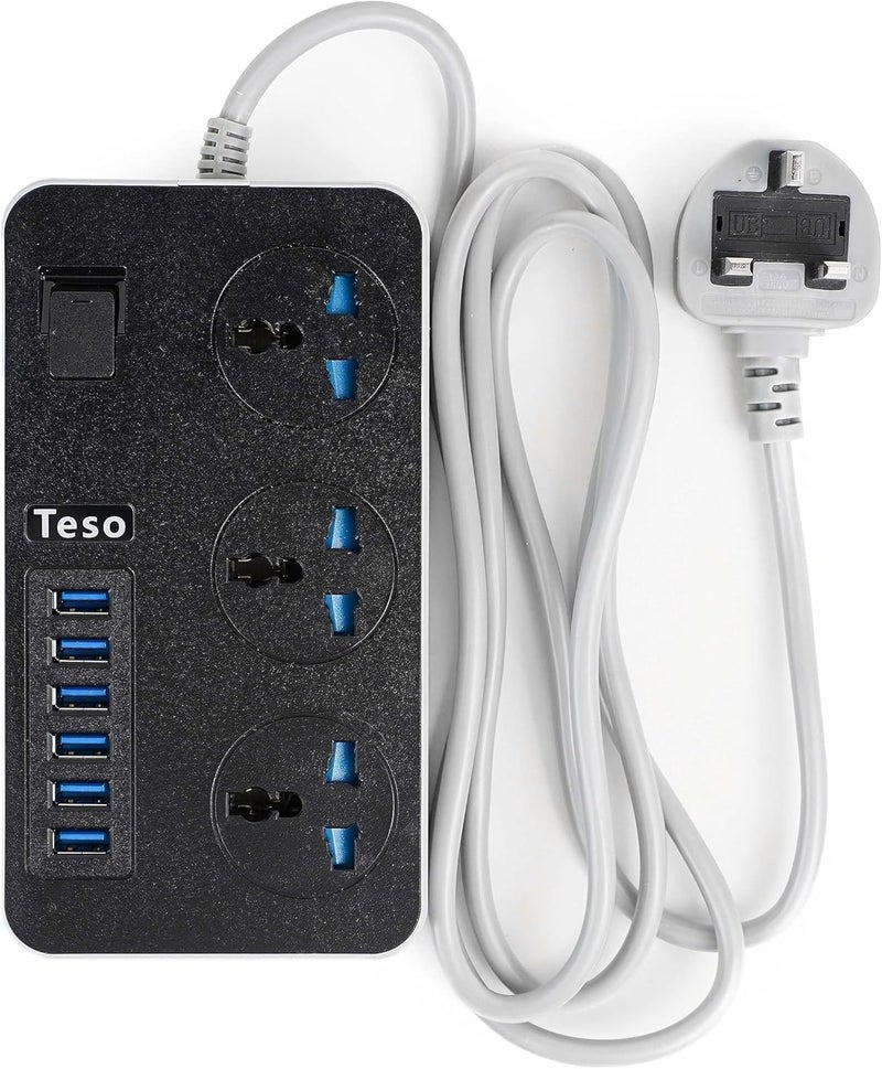 Teso 2M Heavy Duty Power Extension Cord - 3 Universal Sockets & 6 Fast USB Charging Ports - Black - Image 1