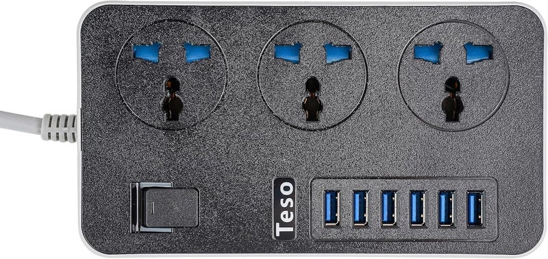 Teso 2M Heavy Duty Power Extension Cord - 3 Universal Sockets & 6 Fast USB Charging Ports - Black - Image 4