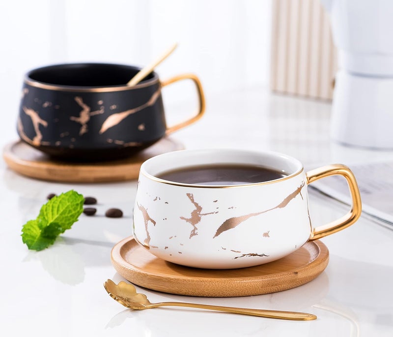 Jusalpha 2 Pack Golden Hand Print Black and White Teacup Coffee Cup with Bamboo Saucer and Spoon Set FDTCS19 2 BlackWhite - Image 3