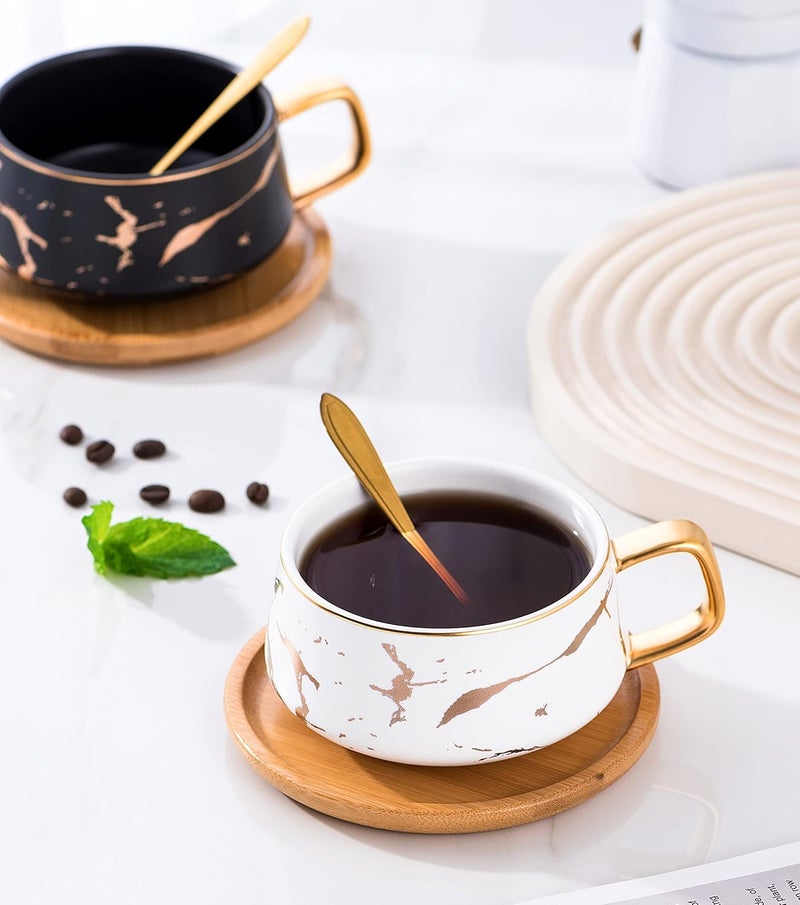 Jusalpha 2 Pack Golden Hand Print Black and White Teacup Coffee Cup with Bamboo Saucer and Spoon Set FDTCS19 2 BlackWhite - Image 2