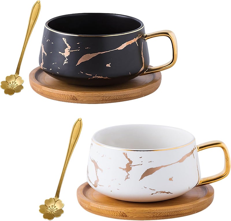 Jusalpha 2 Pack Golden Hand Print Black and White Teacup Coffee Cup with Bamboo Saucer and Spoon Set FDTCS19 2 BlackWhite - Image 1
