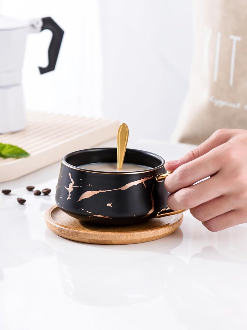 Jusalpha 2 Pack Golden Hand Print Black and White Teacup Coffee Cup with Bamboo Saucer and Spoon Set FDTCS19 2 BlackWhite - Image 4