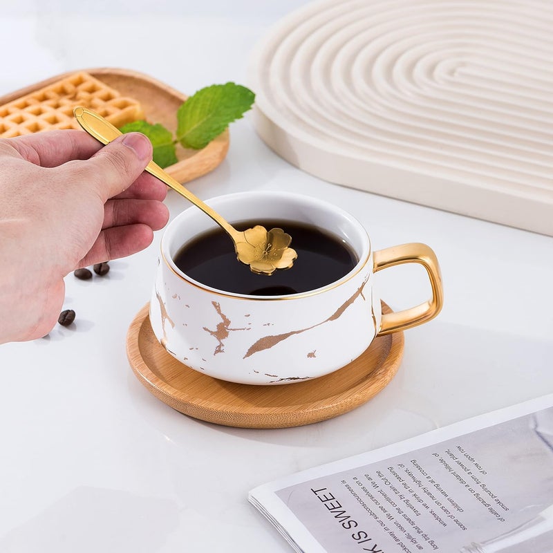 Jusalpha 2 Pack Golden Hand Print Black and White Teacup Coffee Cup with Bamboo Saucer and Spoon Set FDTCS19 2 BlackWhite - Image 5