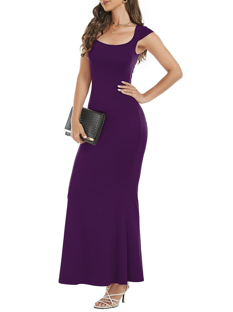 Mokayee Birthday Dresses for Womens Purple Summer Cap Sleeve Square Neck Bodycon Tight Lounge Mermaid Streetwear Party Maxi Dresses L - Image 5