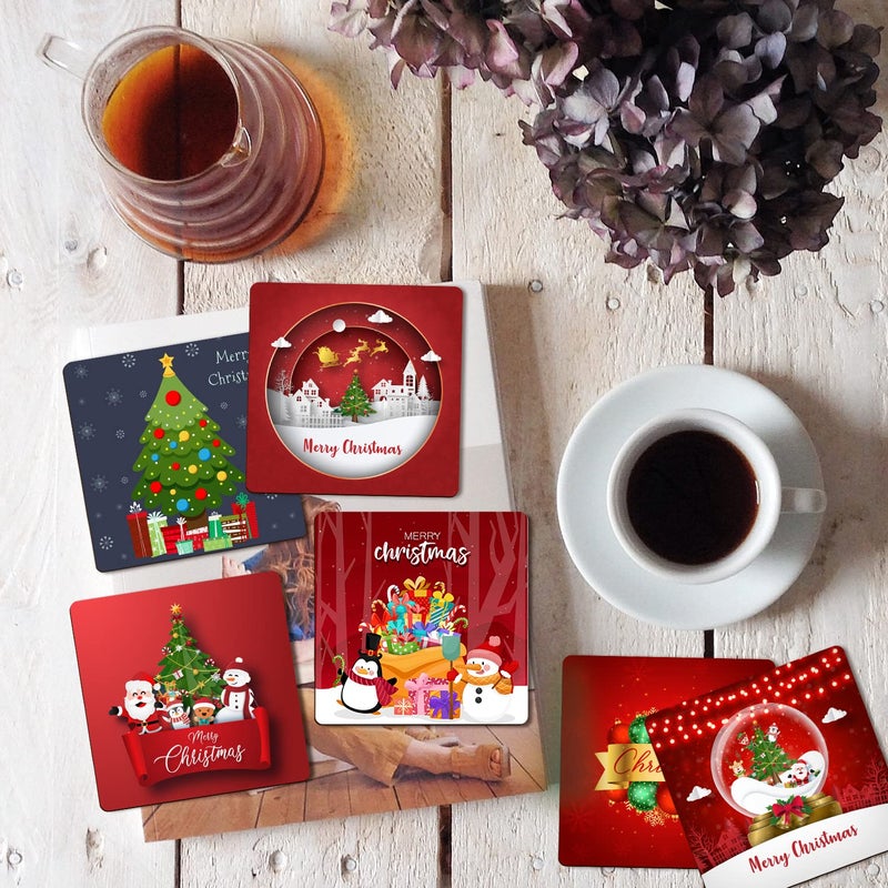 PRINTELLIGENT Christmas Wooden Tea Coasters for Drinks Merry Christmas Decoration Item Set of 6 Christmas Coaster - Image 3