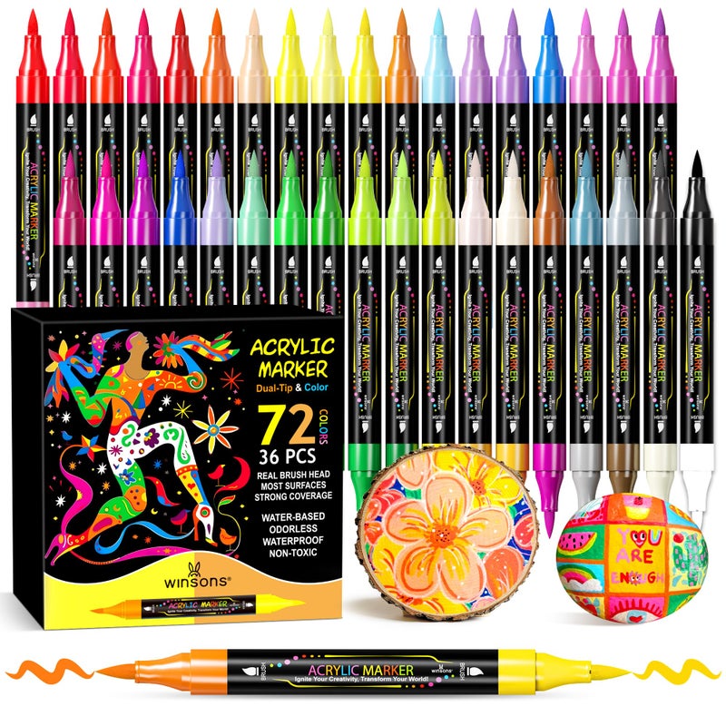 WINSONS 72 Colors Dual Tip Acrylic Paint Pens Markers 36 Set Permanent Acrylic Paint Pens Waterproof QuickDry Ideal for Rock Painting Canvas Glass Wood Ceramic DIY Crafts Art Supplies - Image 2