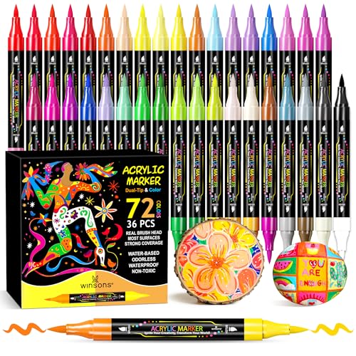 WINSONS 72 Colors Dual Tip Acrylic Paint Pens Markers 36 Set Permanent Acrylic Paint Pens Waterproof QuickDry Ideal for Rock Painting Canvas Glass Wood Ceramic DIY Crafts Art Supplies - Image 1