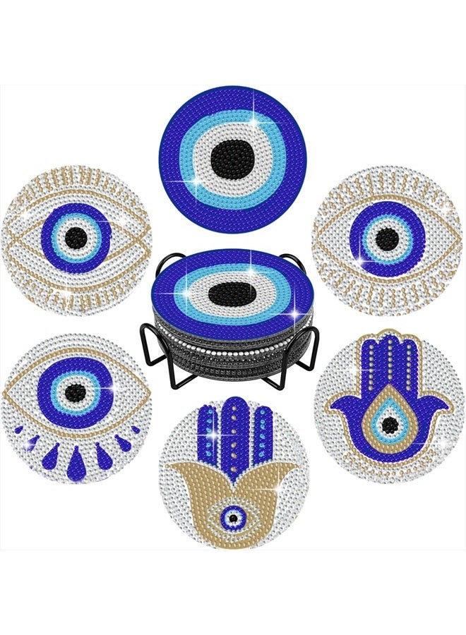 Tucocoo 6 Pcs 5D Diamond Paintings Coasters Kits with Holder,Blue Evil Eye DIY Diamond Coasters Kit Accessories, Hamsa Hand Diamond Painting Kits for Beginners Adults Craft Supplies Boho Home Decor - Image 1
