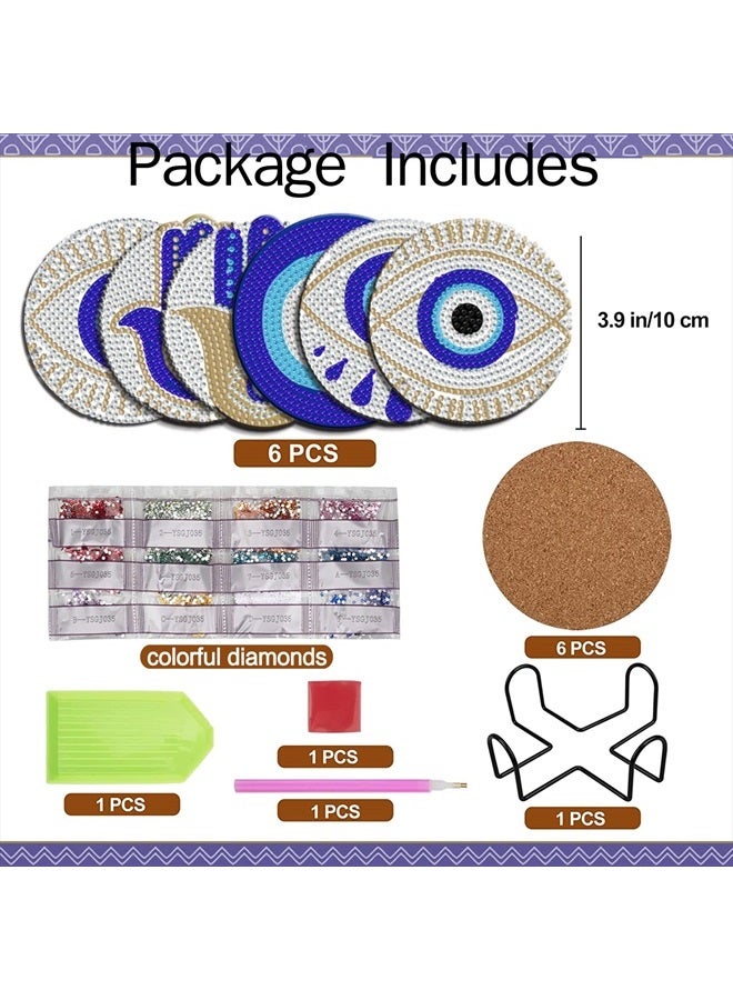 Tucocoo 6 Pcs 5D Diamond Paintings Coasters Kits with Holder,Blue Evil Eye DIY Diamond Coasters Kit Accessories, Hamsa Hand Diamond Painting Kits for Beginners Adults Craft Supplies Boho Home Decor - Image 2