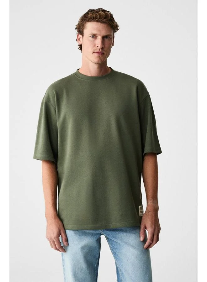 GRIMELANGE JOEL Men's 100% Organic Cotton Thick Fabric Special Textured Label Detailed Oversize Khaki T-Shirt.