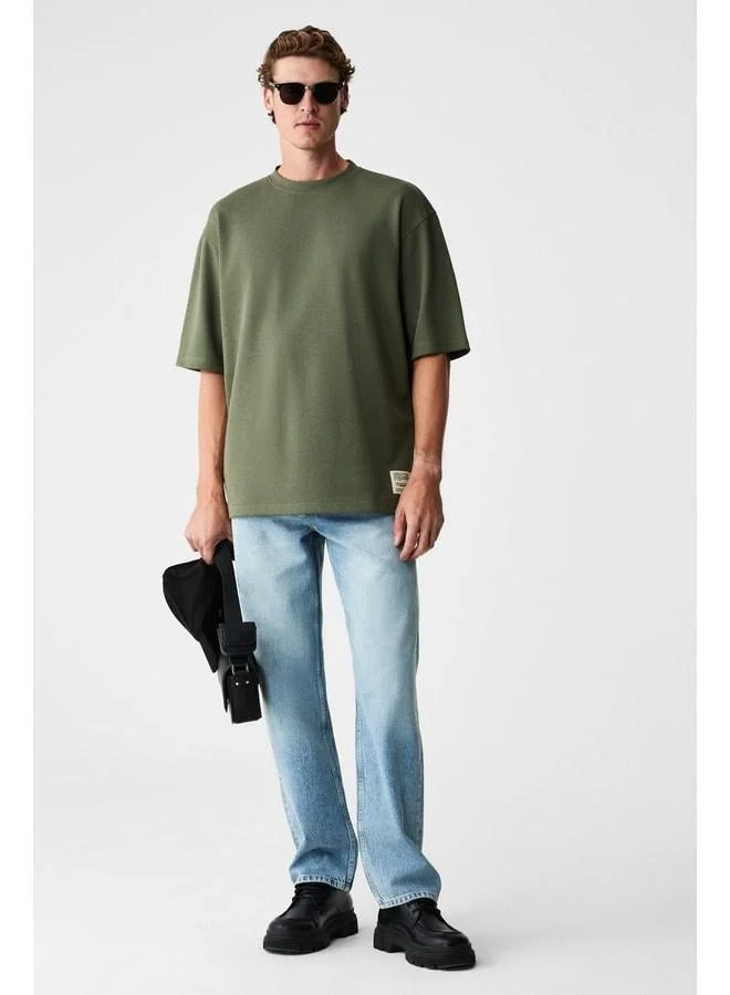 GRIMELANGE JOEL Men's 100% Organic Cotton Thick Fabric Special Textured Label Detailed Oversize Khaki T-Shirt.