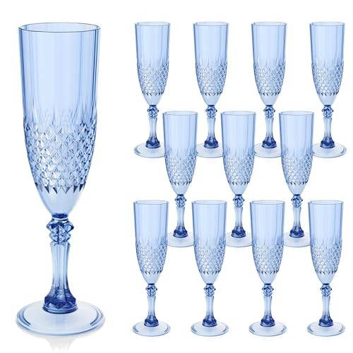 LEYIQU Plastic Champagne Flutes, Champagne Glasses Bulk, Reusable Unbreakable Acrylic Wine Glasses Goblets for Weddings Bachelor Parties Toasting Bridal Shower (12, Blue) - Image 1