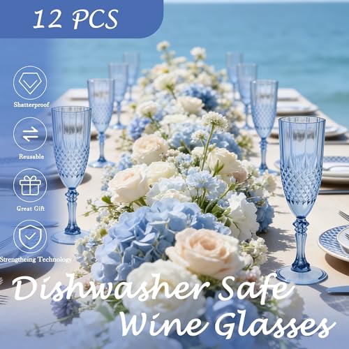 LEYIQU Plastic Champagne Flutes, Champagne Glasses Bulk, Reusable Unbreakable Acrylic Wine Glasses Goblets for Weddings Bachelor Parties Toasting Bridal Shower (12, Blue) - Image 4