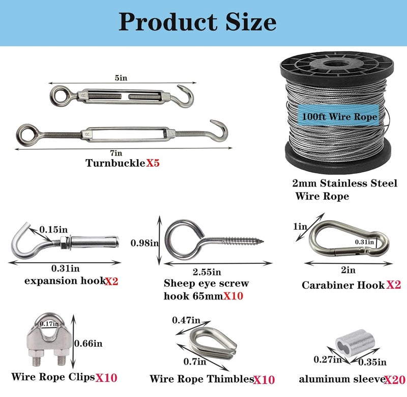 Roxanned 1/16 Wire Rope Kit,304 Stainless Steel Wire Cable 7x7 Strand Core 100ft Vinyl Coated Aircraft Cable,Outdoor String Lights Hanging Kit with Turnbuckles for Garden Cable Wire,Guy Wire Kit - Image 2