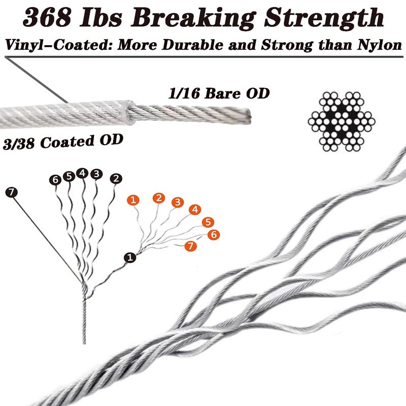 Roxanned 1/16 Wire Rope Kit,304 Stainless Steel Wire Cable 7x7 Strand Core 100ft Vinyl Coated Aircraft Cable,Outdoor String Lights Hanging Kit with Turnbuckles for Garden Cable Wire,Guy Wire Kit - Image 3
