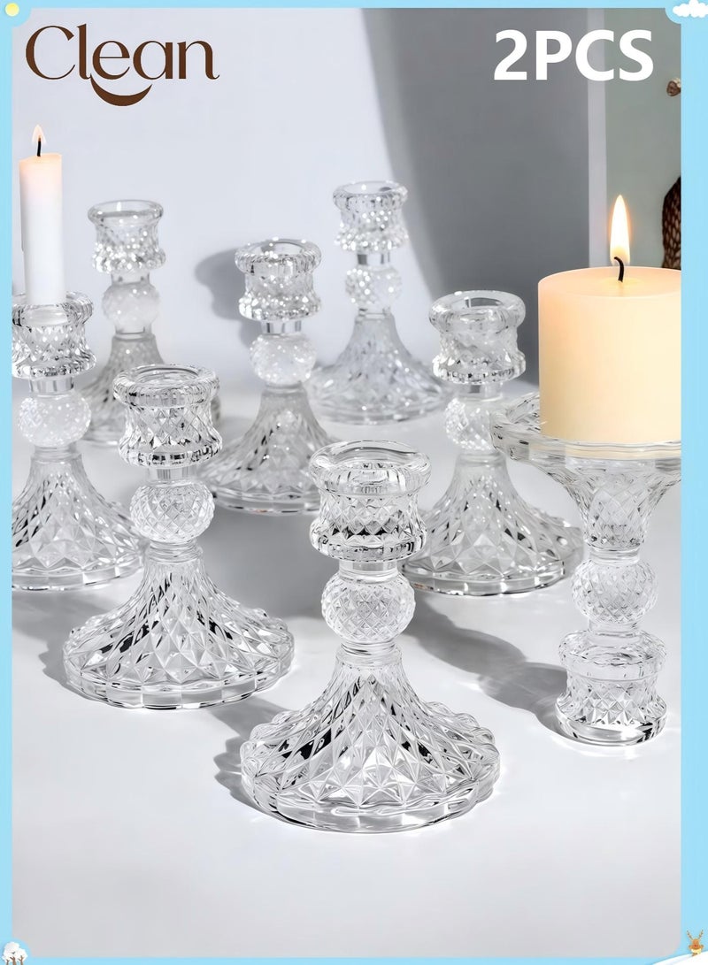 Clean Glass Candlestick Holders 4 inch Set of 2, Taper Candle Holders , Clear Glass Candle Holders,for Wedding Festival, Party & Festival Decor - Image 1