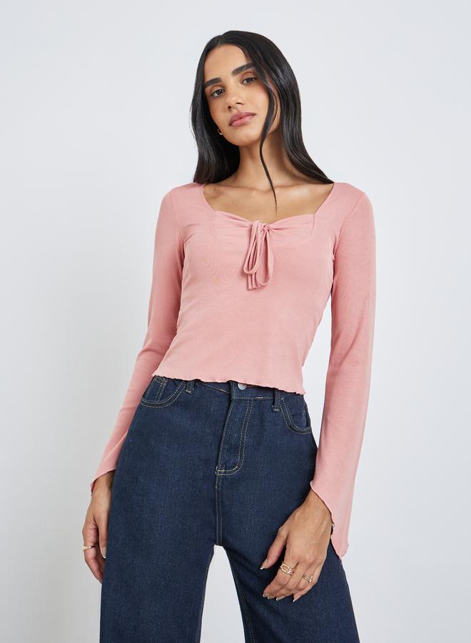 Styli Solid Tie Up Neck Long Sleeve Top - Image 3