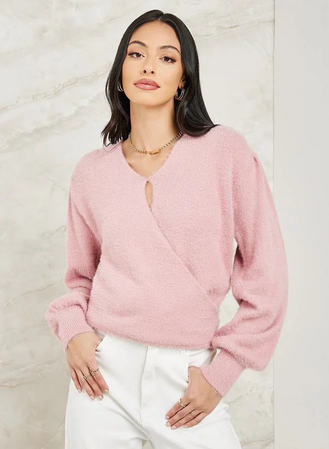 ستايلي Regular Fit Fuzzy Knit Wrap Front Sweater