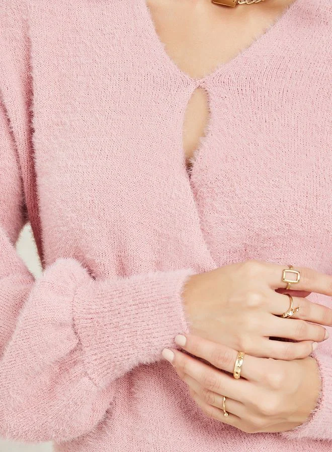 ستايلي Regular Fit Fuzzy Knit Wrap Front Sweater