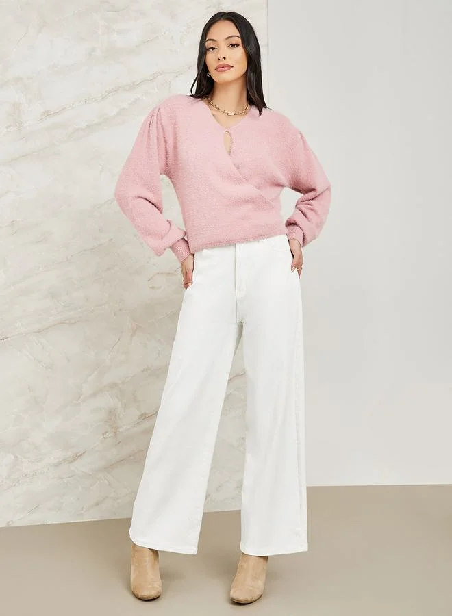 ستايلي Regular Fit Fuzzy Knit Wrap Front Sweater