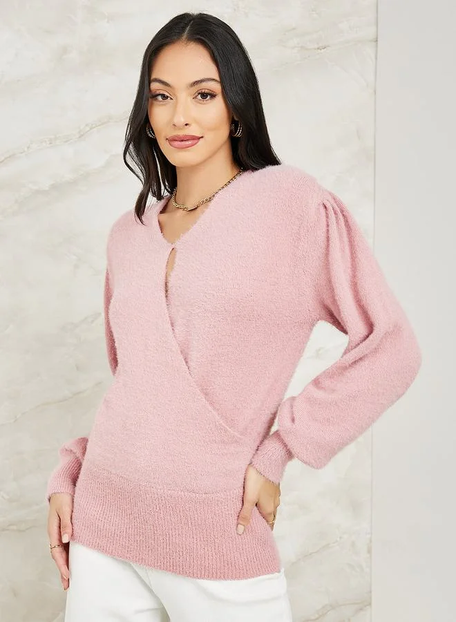 ستايلي Regular Fit Fuzzy Knit Wrap Front Sweater
