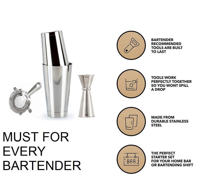 NJ OVERSEAS Professional Premium Boston Shaker Set with Hawthorne Strainer and Japanese Jigger, Bartender Tool Kit - 4 Pcs Set - Image 2