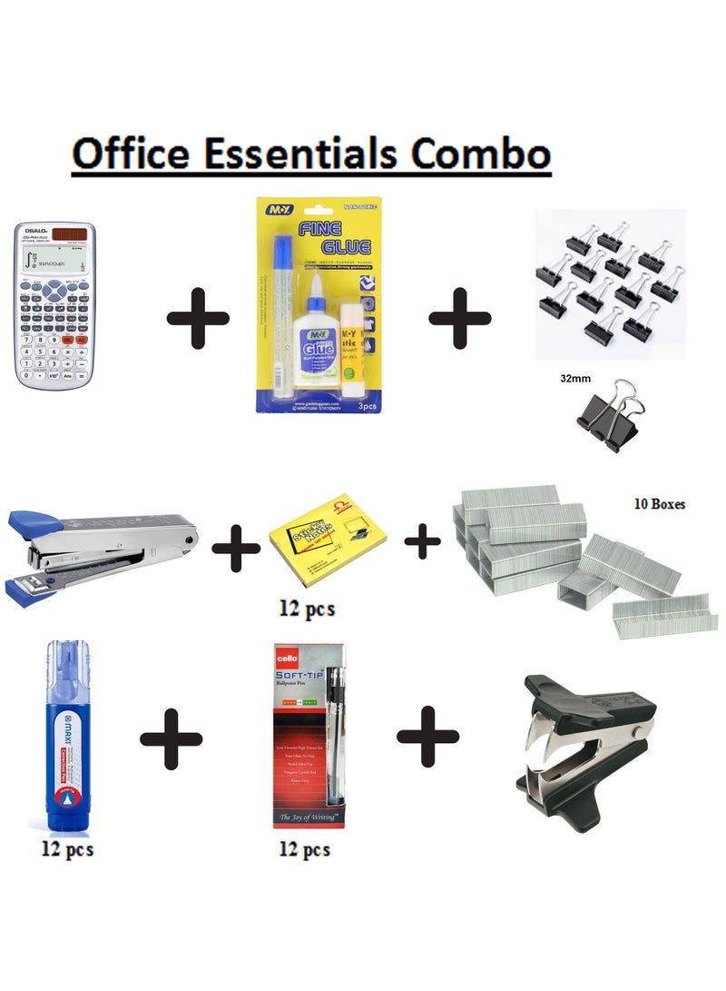 Office Stationery Supplies Kit includes Osalo Scientific Calculator OS-991ES Plus,Moy Fine Glue Kit,12 pcs Binder Clips 32mm ,Kangaroo No.10 Stapler,10 boxes stapler pin, 12 pcs Libra Sticky Notes 75mmX100mm,12 pcs Maxi Correction Pen 7ml ,12 pcs Cello Ballpoint Pen Black and Kangaro Stapler Pin Remover - Image 1