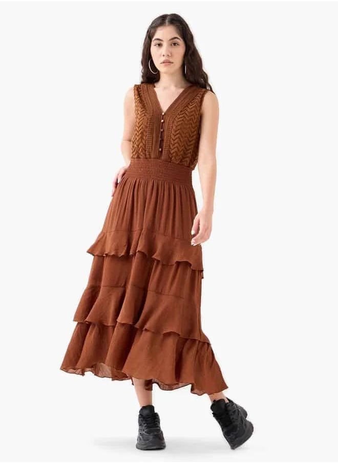 لي كوبر Lee Cooper Tiered Sleeveless Midi Dress with Shirred Detail