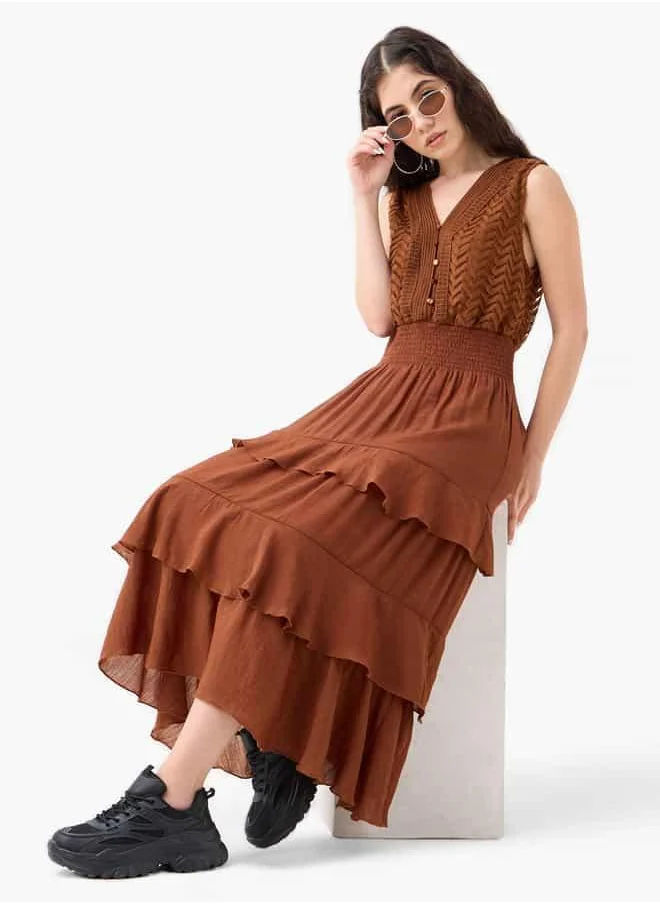 لي كوبر Lee Cooper Tiered Sleeveless Midi Dress with Shirred Detail