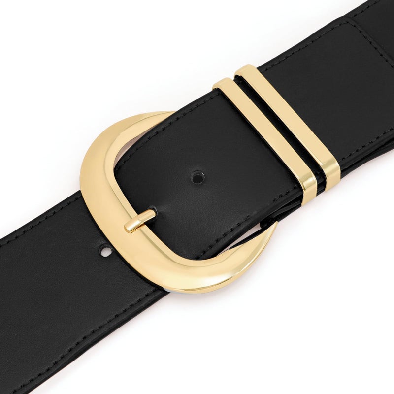 WHIPPY Women Wide Elastic Waist Belt for Dresses Fashion Gold Buckle Stretchy Leather Waistband for Ladies, Black, Fits Waist 24"-28" - Image 4