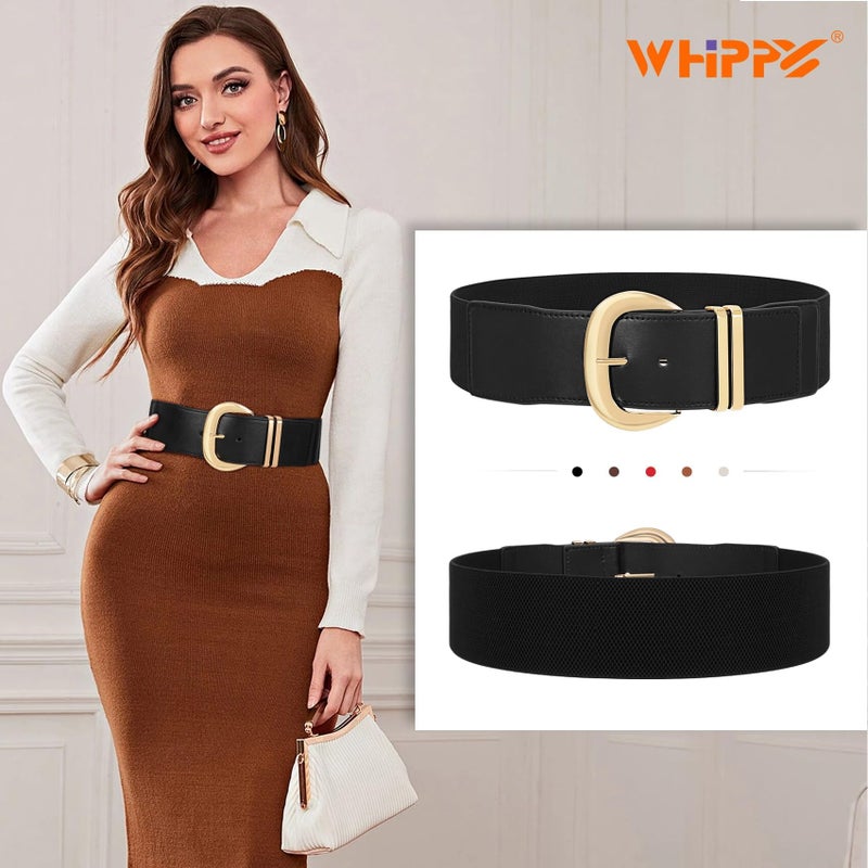 WHIPPY Women Wide Elastic Waist Belt for Dresses Fashion Gold Buckle Stretchy Leather Waistband for Ladies, Black, Fits Waist 24"-28" - Image 3