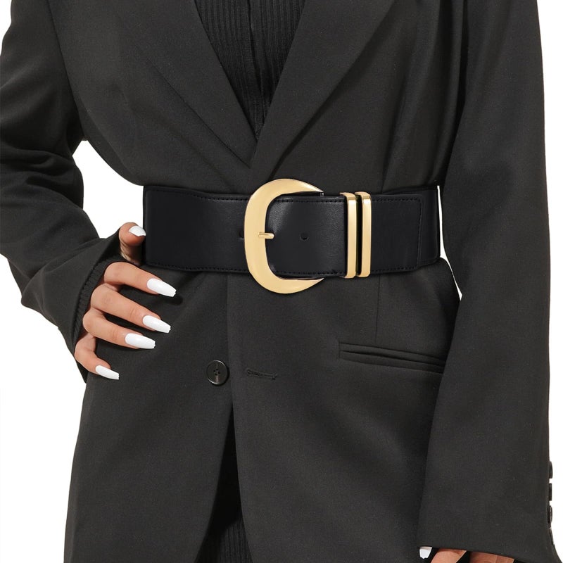 WHIPPY Women Wide Elastic Waist Belt for Dresses Fashion Gold Buckle Stretchy Leather Waistband for Ladies, Black, Fits Waist 24"-28" - Image 1