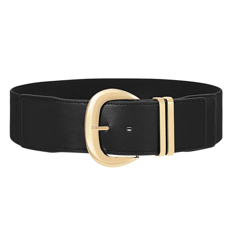 WHIPPY Women Wide Elastic Waist Belt for Dresses Fashion Gold Buckle Stretchy Leather Waistband for Ladies, Black, Fits Waist 24"-28" - Image 2