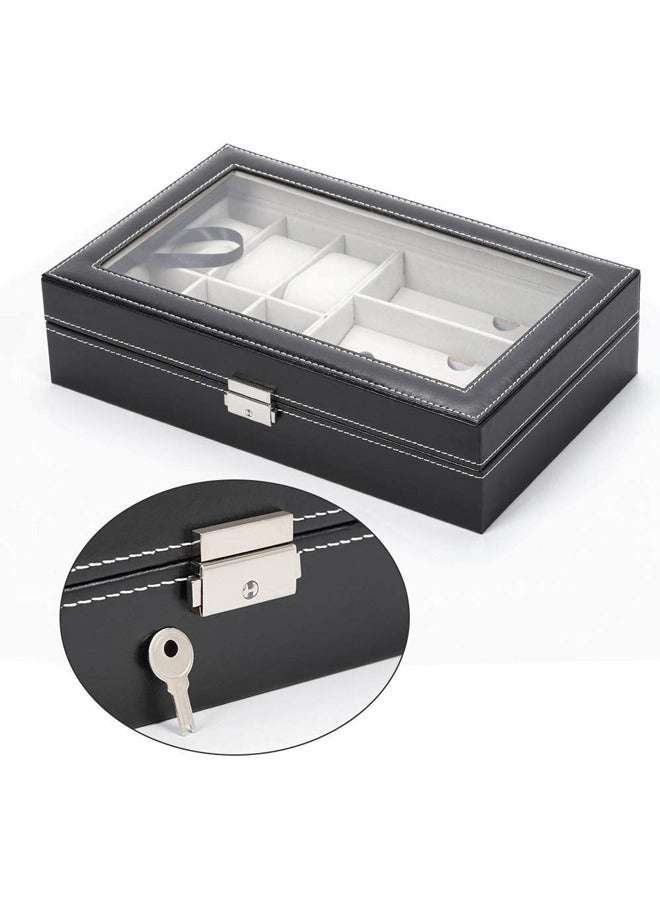 Padom Display Watch and Sunglasses Jewelry box, 6 Watch Box Jewelry Case and 3 Slots Sunglasses Organizer, PU Leather Eyeglass case Watch and Sunglasses Box for Men Women (Black) - Image 5