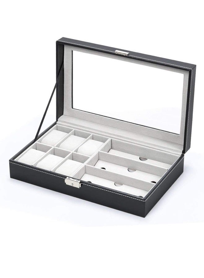 Padom Display Watch and Sunglasses Jewelry box, 6 Watch Box Jewelry Case and 3 Slots Sunglasses Organizer, PU Leather Eyeglass case Watch and Sunglasses Box for Men Women (Black) - Image 1