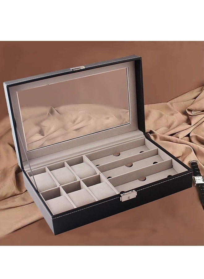 Padom Display Watch and Sunglasses Jewelry box, 6 Watch Box Jewelry Case and 3 Slots Sunglasses Organizer, PU Leather Eyeglass case Watch and Sunglasses Box for Men Women (Black) - Image 3