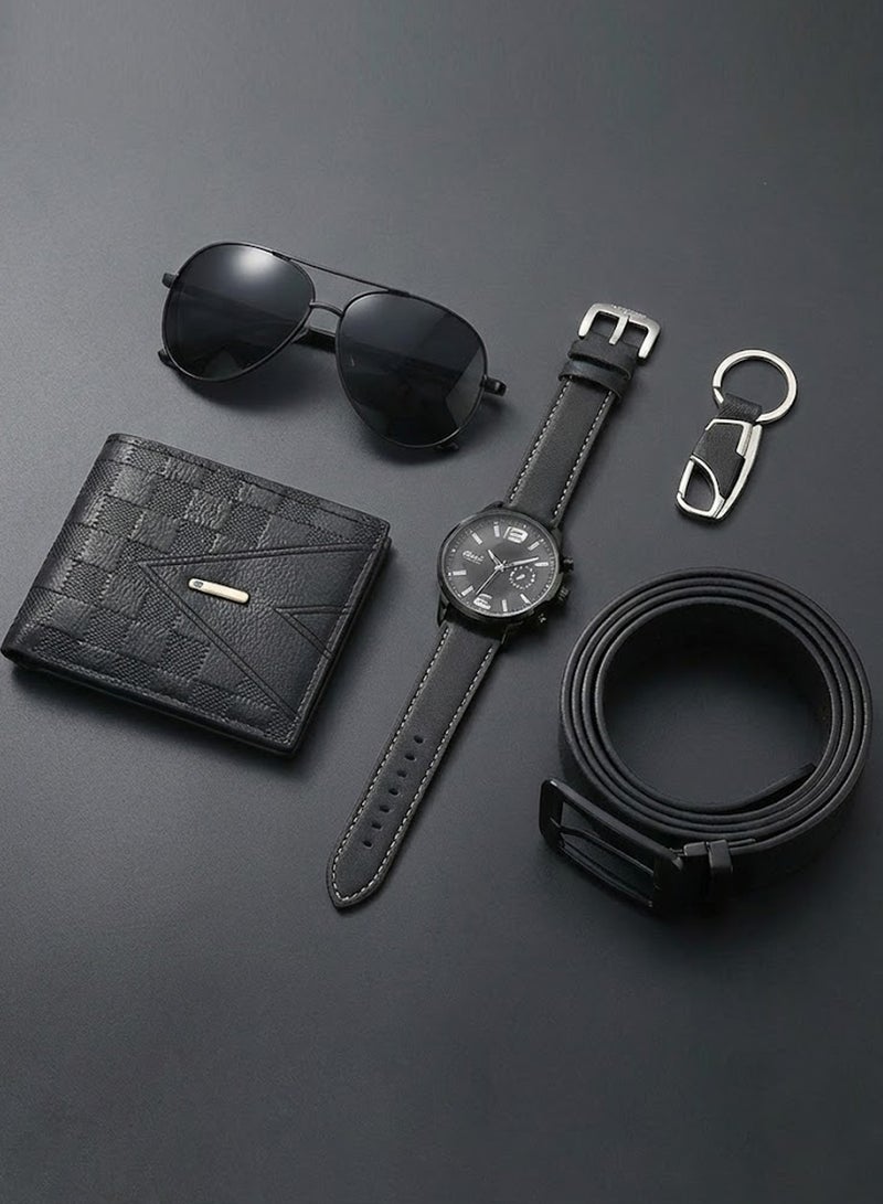 فوريكاسا طقم هدايا رجالي كلاسيكي 5 قطع - ساعة، محفظة، حزام، نظارة شمسية وميدالية مفاتيح | علبة هدايا سوداء فاخرة - Image 5